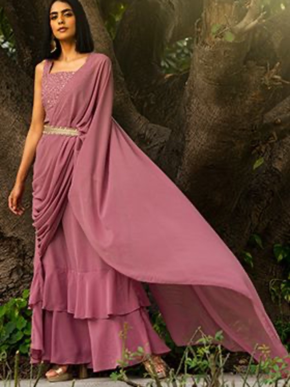 Pink Solid Ruffled Pre-Stitched Saree (Without Blouse)